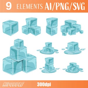 以下が含まれることがあります： 青い氷のキューブの9つの異なる配置を示すデジタルイラスト。いくつかのキューブは積み重ねられ、他のキューブは溶けています。画像には「9 ELEMENTS AI/PNG/SVG」、「KIDOBBLE」、および「300dpi」というテキストが含まれています。