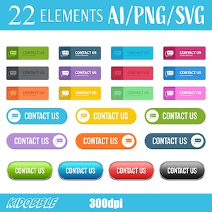 May include: A set of 22 colorful buttons with a speech bubble icon and the text "CONTACT US". The buttons are in various shapes and sizes, including rectangular, rounded rectangular, and oval. The buttons are designed for use on websites and mobile apps.