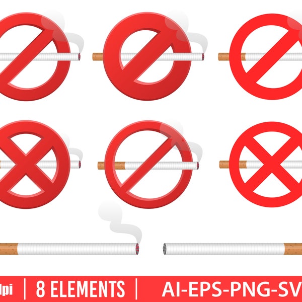 No smoking sign clipart vector design illustration. No smoke set. Vector Clipart Print