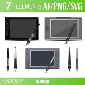 以下が含まれることがあります： 7つのデジタルアート要素のイラスト。ペンタブレットとスタイラスが含まれています。タブレットは黒とグレーで、それぞれにペンが置かれています。スタイラスは黒とシルバーです。上部には「7 ELEMENTS AI/PNG/SVG」と書かれています。