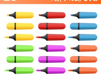 Könnte beinhalten: Eine Illustration von 18 farbigen Textmarkern in Gelb, Rot, Blau, Grün, Lila und Orange. Das Bild enthält oben den Text "18 ELEMENTS AI/PNG/SVG" und unten "KIDOBBLE" und "300dpi".