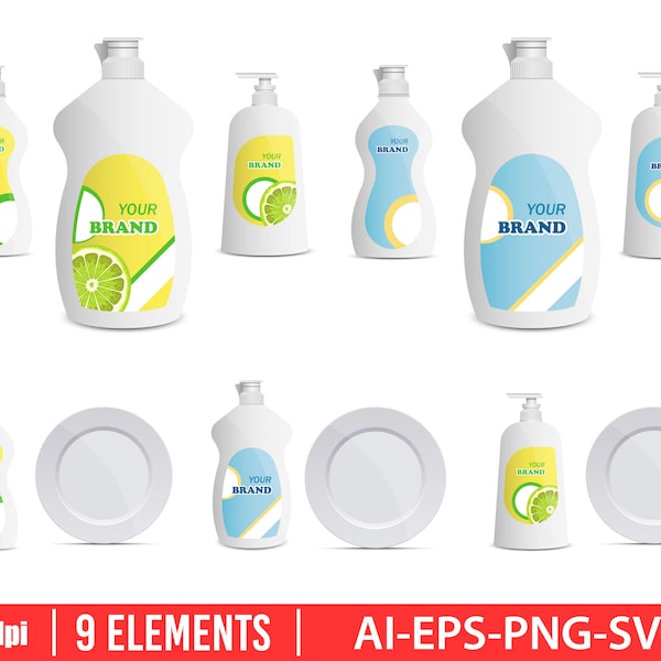 Diswashing liquid bottle clipart vector design illustration. Dishwashing liquid bottle set. Vector Clipart Print