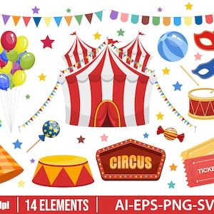 Circus elements clipart vector design illustration. Circus set. Vector Clipart Print