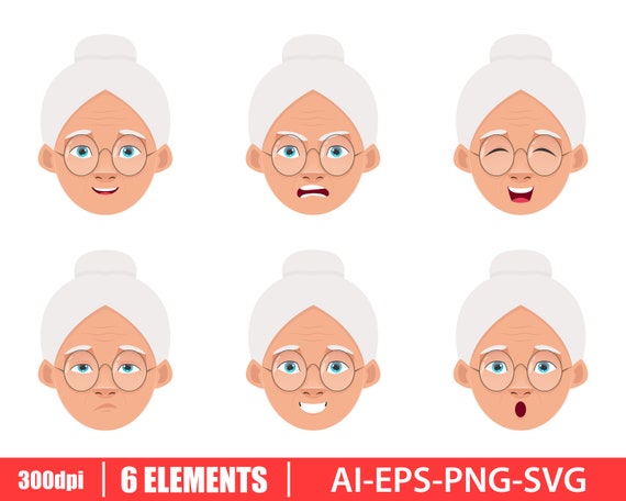 Old Woman Clipart Vector Design Illustration. Old Woman Set. Vector Clipart  Print 