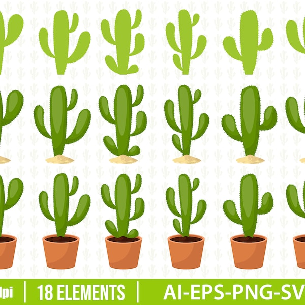 Set of cacti vector design clipart. Cactus, flower, pot, decorative, desert, sand set. Vector Clipart Print