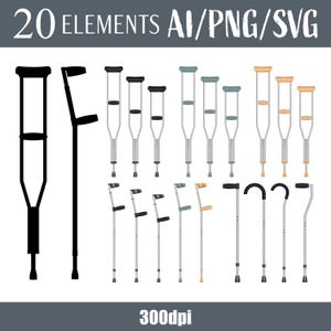 May include: A set of 20 black and silver crutches and canes. The crutches and canes are in various styles and sizes. The image includes the text "20 ELEMENTS AI/PNG/SVG" and "300dpi".