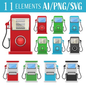 May include: Eleven illustrations of a petrol pump in various colours. The petrol pump is red, green, blue, and black. The petrol pump has a digital display and a nozzle.