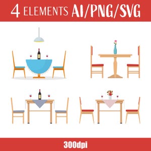 Può includere: Quattro illustrazioni di tavoli da pranzo con sedie. Il primo tavolo ha una tovaglia blu e un lampadario appeso. Il secondo tavolo ha un vaso con fiori rosa. Il terzo e il quarto tavolo hanno una tovaglia bianca e bicchieri da vino.