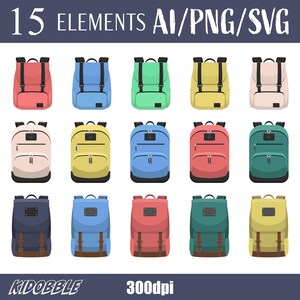May include: Set of 15 colorful backpack illustrations in various colors, including red, blue, green, yellow, and pink. The backpacks have two straps and a front pocket. The illustrations are in a flat cartoon style.