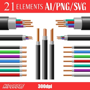 May include: A set of 21 vector graphics of electrical cables with different colored wires. The cables are isolated on a white background. The graphics are available in AI, PNG, and SVG formats. The image also includes the text "21 ELEMENTS AI/PNG/SVG" and "300dpi".