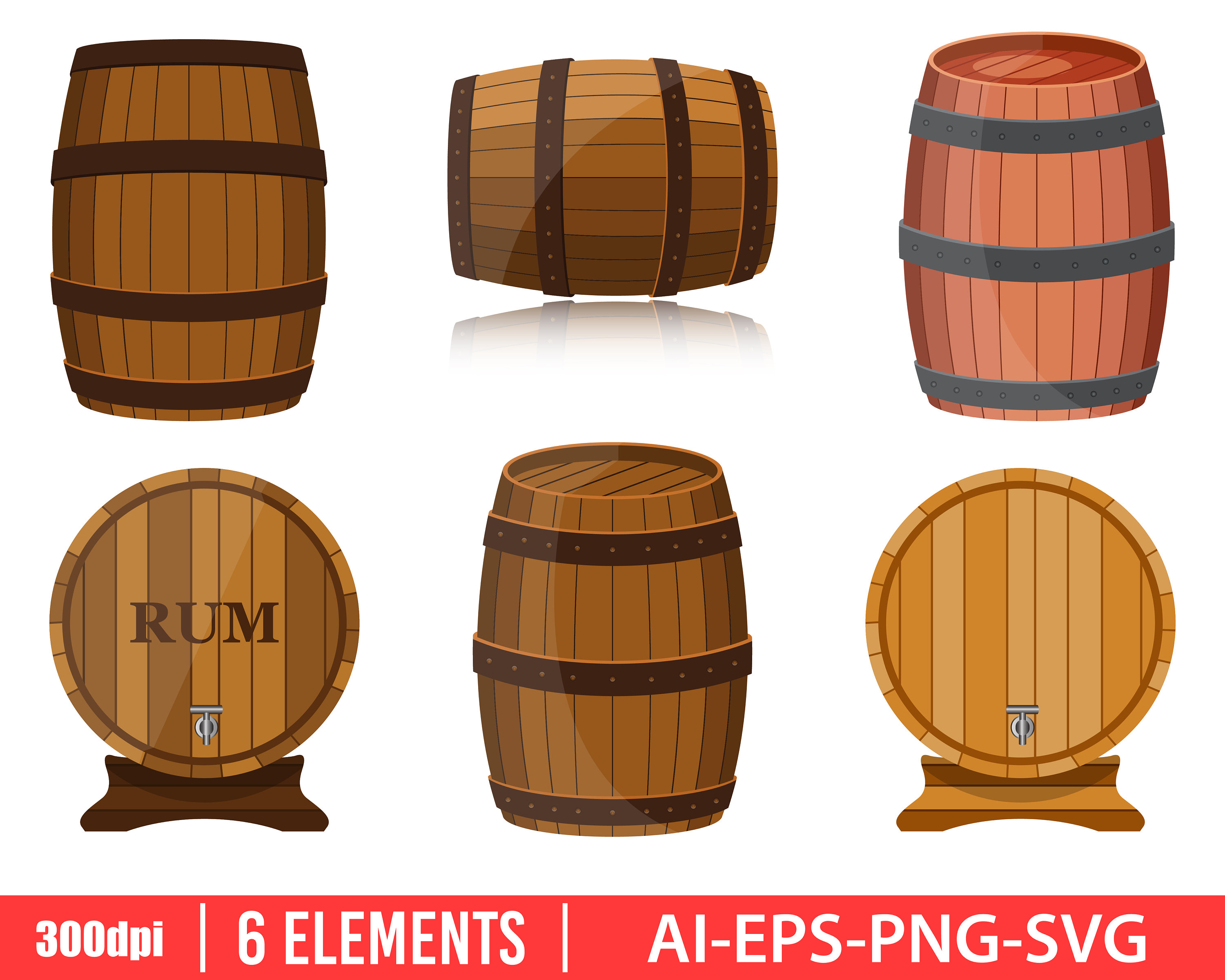 Wine Barrel Clipart Vector Design Illustration. Wine Barrel Set. Vector