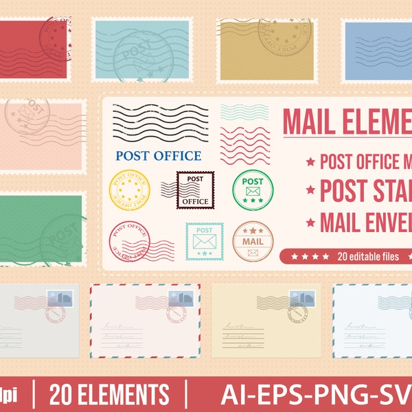 Set of post office clipart vector elements . Post, stamp, mark, envelope set. Vector Clipart Print