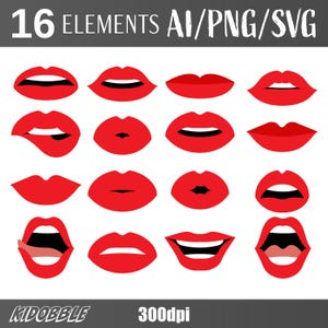 Imágenes prediseñadas de labios rojos / Ilustraciones de labios de mujer / Arte femenino dibujado a mano / PNG y SVG digitales