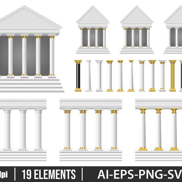 Antique columns and temple clipart vector design illustration. Antique columns and temple set. Vector Clipart Print