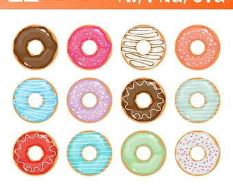 Paquete de imágenes prediseñadas de donas / Ilustraciones de dulces / Arte de donas dibujado a mano / PNG y SVG digitales
