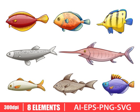 Fish drawing clipart vector design illustration. Fish set. Vector Clipart  Print