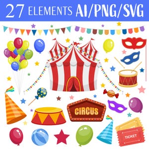 Circuselementen Carnaval Thema Prestatieshow Vectorkunst Amusement Digitale afbeelding Leuke clipart Afdrukbaar ontwerp downloadbaar