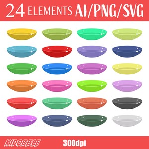 May include: Set of 24 colorful cartoon illustrations of bowls. Each bowl is a different color and has a shiny, reflective surface. The bowls are arranged in four rows of six bowls each. The image is labeled "24 ELEMENTS AI/PNG/SVG" and "300dpi".