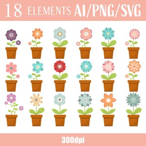 Puede incluir: Conjunto de 18 ilustraciones de macetas de flores coloridas. Cada maceta tiene una flor diferente con una variedad de colores y patrones. Las flores están en macetas marrones con tallos y hojas verdes. La imagen está etiquetada como "18 ELEMENTS AI/PNG/SVG 300dpi".