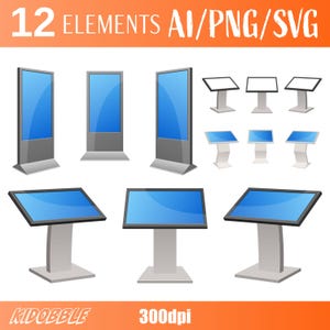 Könnte beinhalten: Eine Sammlung von 12 digitalen Anzeigeelementen in verschiedenen Ausrichtungen. Die Displays haben einen blauen Bildschirm mit schwarzem Rahmen und einen grauen Ständer. Der Text "12 ELEMENTS AI/PNG/SVG" und "300dpi" ist enthalten.