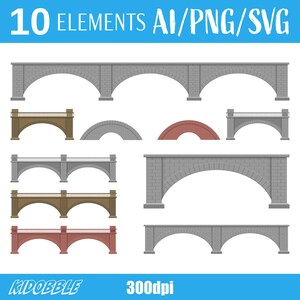 May include: A collection of ten bridge illustrations in various styles and colors, including gray, brown, and red. The text "10 ELEMENTS AI/PNG/SVG" is at the top, and "KIDOBBLE" and "300dpi" are at the bottom.