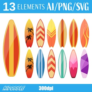 Surfboard Clipart Vector Digital Art Surfing Graphics Printable Surfboard Design Vector Drawing Beach Surf Clip Art Ocean Board Design Set