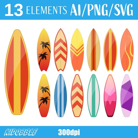 Surfboard Clipart Vector Digital Art Surfing Graphics Printable Surfboard Design Vector Drawing Beach Surf Clip Art Ocean Board Design Set