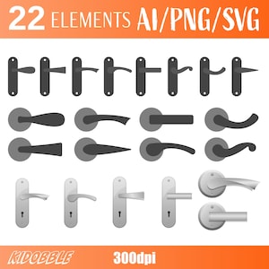 May include: A collection of 22 door handle designs in various styles. The handles are in shades of gray and silver, with different lever and knob shapes. The image includes the text "22 ELEMENTS AI/PNG/SVG" and "300dpi".