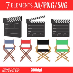 Clapboard And Director Chair Clipart Vector Film Industry Illustration Cinema Equipment Movie Production Digital Clip Art Downloadable
