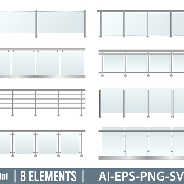 Glass railing clipart vector design illustration. Glass railing set. Vector Clipart Print