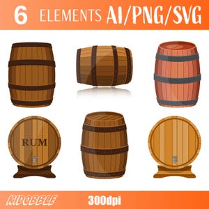 Op de afbeelding: Zes vectorillustraties van houten vaten in verschillende stijlen. De vaten zijn bruin met donkerbruine metalen banden. Eén vat heeft het woord "RUM" op de voorkant. De afbeelding bevat ook de tekst "6 ELEMENTS AI/PNG/SVG", "KIDOBBLE" en "300dpi".