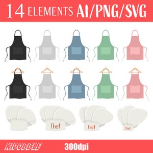 May include: Set of 14 digital illustrations of chef hats and aprons in various colors. The aprons are black, gray, blue, green, and pink. The hats are white with the word "chef" written on them. The illustrations are 300dpi.