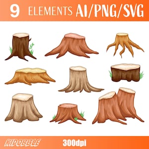 Tree Stump Nature Log Woodland Remains Vector Art Forest Element Rustic Landscape Clipart Digital Illustration Printable Organic Design