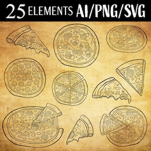 May include: A set of 25 black and white line art illustrations of pizzas. The illustrations include whole pizzas, slices, and individual toppings. The illustrations are on a brown background.