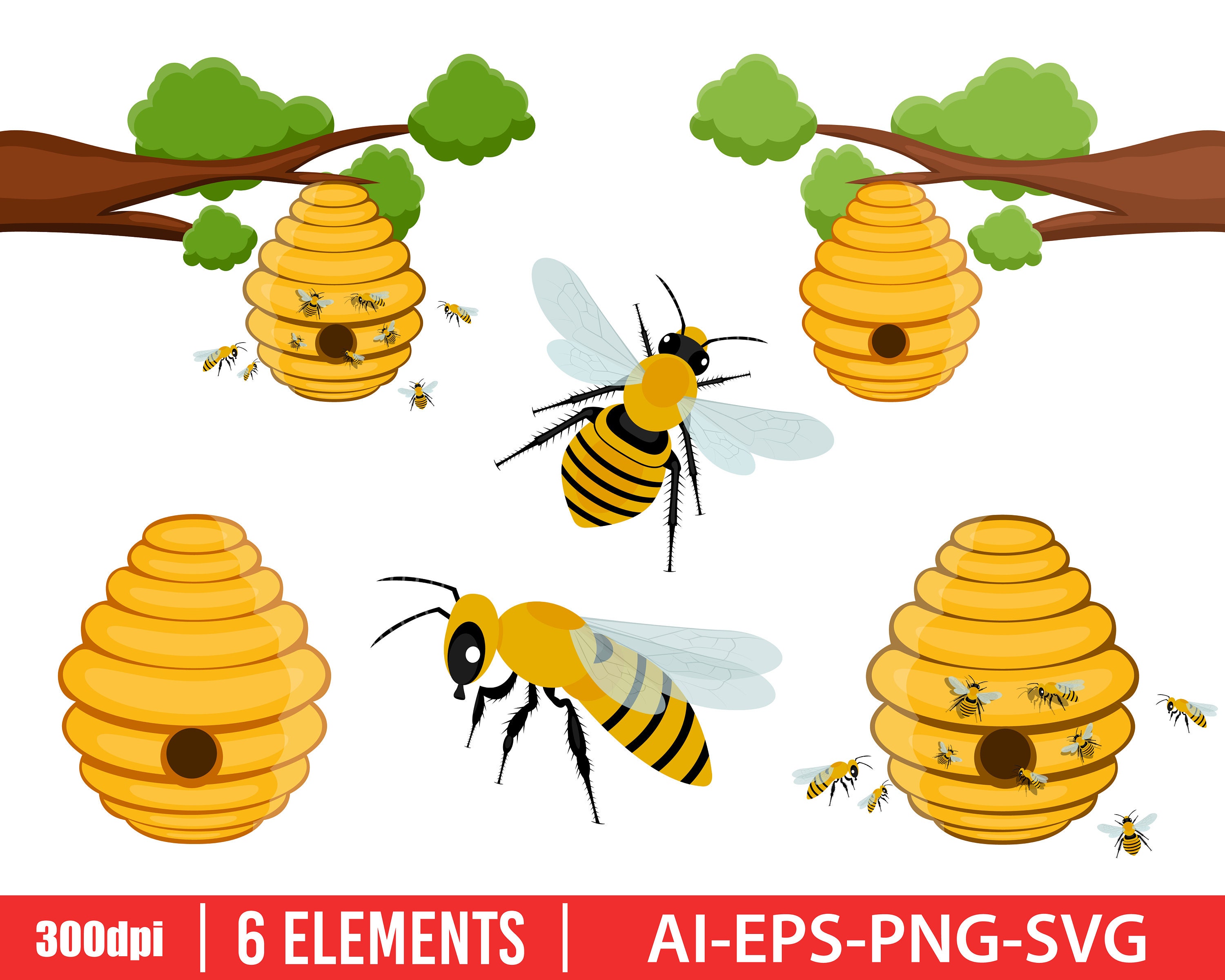 Bee Tree Hive Clipart Vector Design Illustration. Bee Hive Set. Vector ...