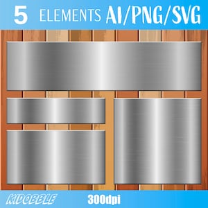 Op de afbeelding: Een afbeelding met vijf metalen rechthoekige elementen in verschillende maten, geplaatst op een houten achtergrond. De tekst "5 ELEMENTS AI/PNG/SVG" staat bovenaan, met "KIDOBBLE" en "300dpi" onderaan.