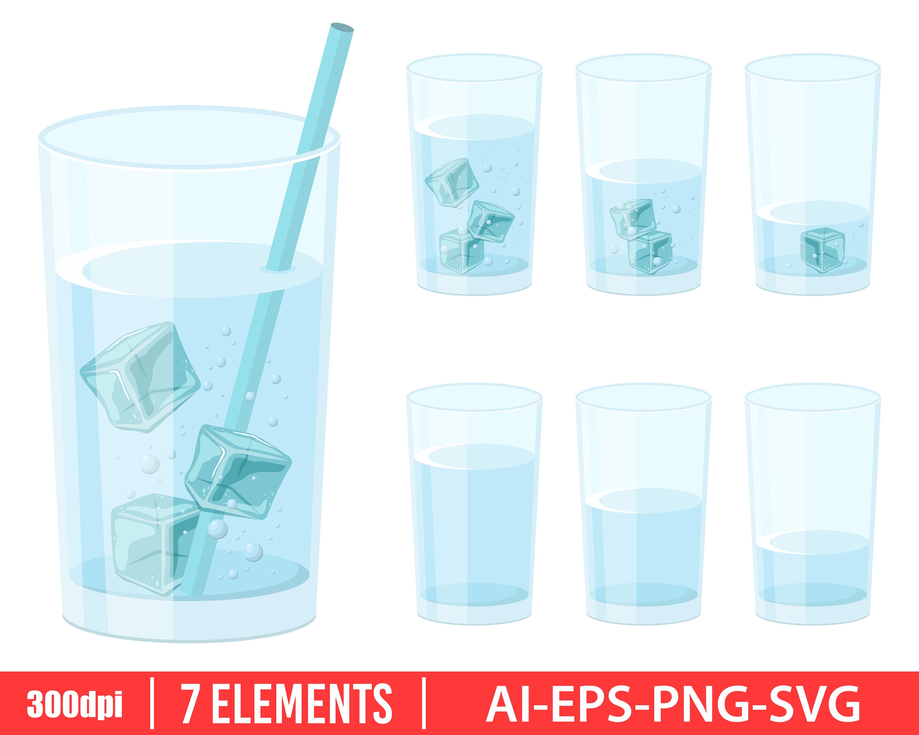 Papercraft Water with ice set Glass of water with ice cubes clipart