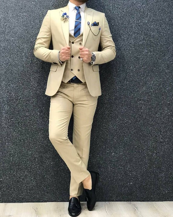 Men Suits Formal Fashion Creame Colour Suits 3 Piece Suit Slim Etsy