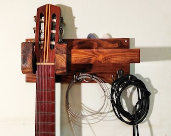 Rustikale Gitarren Wandhalterung / Vintage Gitarren Wandaufhänger / Gitarrenhalter mit Regal und Haken / Gitarren wandhalter / Holz Gitarren Wandständer /