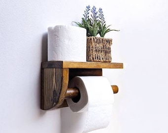 Wall mounted toilet roll holder with shelf from reclaimed wood, Rustic wooden hygienic paper stand.