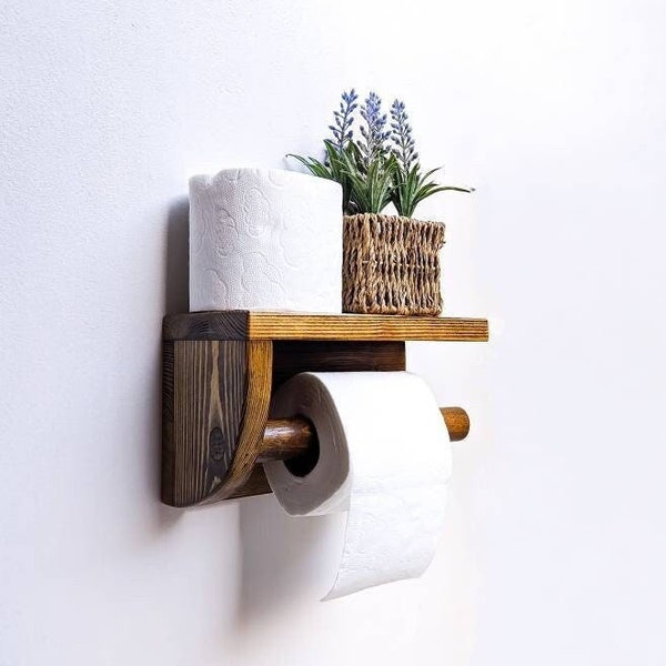 Support de rouleau de papier toilette mural avec étagère en bois récupéré, support en papier hygiénique en bois rustique.