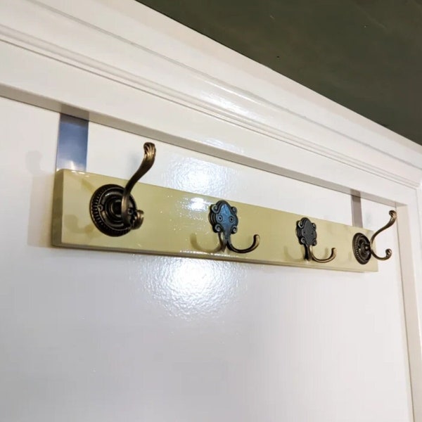 Vintage wooden over door coat rack, Hillary Green Color finished, Over the door hanging coat hooks , Unique handmade over door hanger.