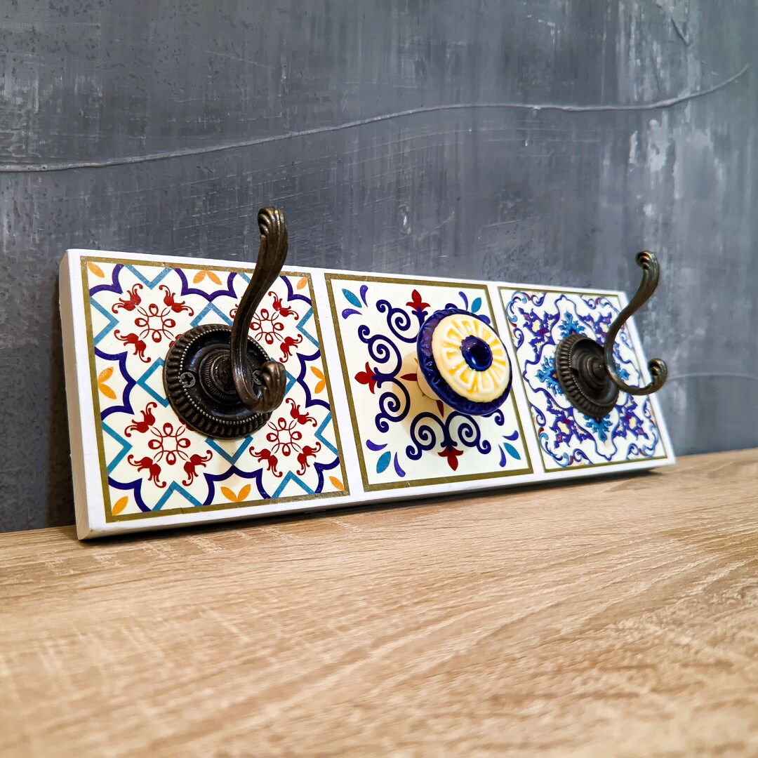 Wall Mounted Coat Rack, Wall Hanger With Spanish Tiles Decoupage, Boho ...