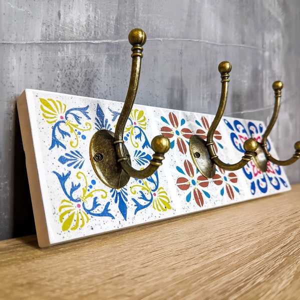 Wall mounted coat rack, Wall hanger with Spanish tiles Decoupage, Unique handmade face mask holder, Vintage keys and mask hooks