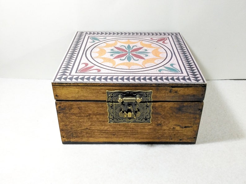 Locked Aged Wooden Chest Wooden Box Decorated Ancient Pompeyan Mosaic Trunk Chest Wooden Box Rustic Jeweler.