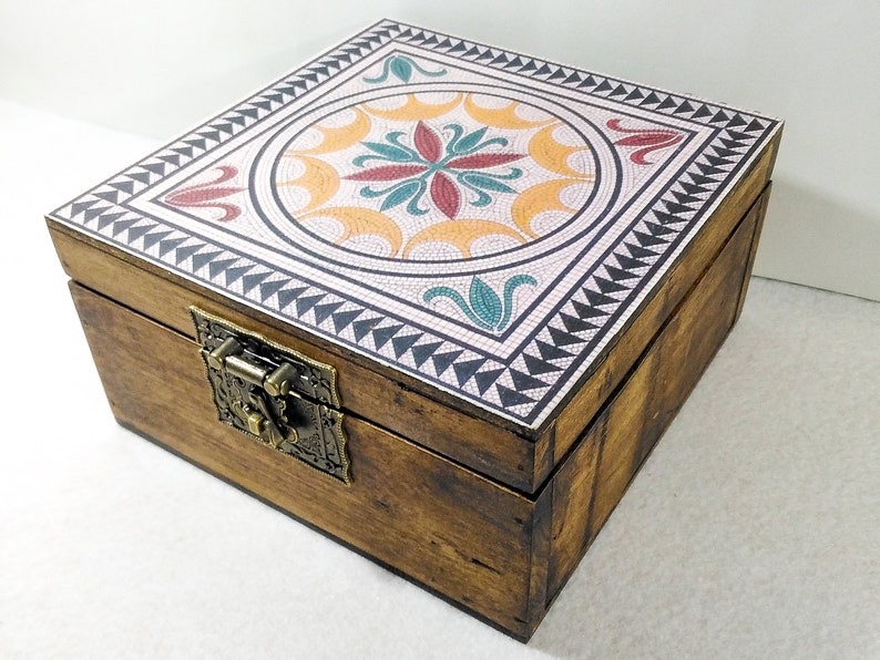 Locked Aged Wooden Chest Wooden Box Decorated Ancient Pompeyan Mosaic Trunk Chest Wooden Box Rustic Jeweler.