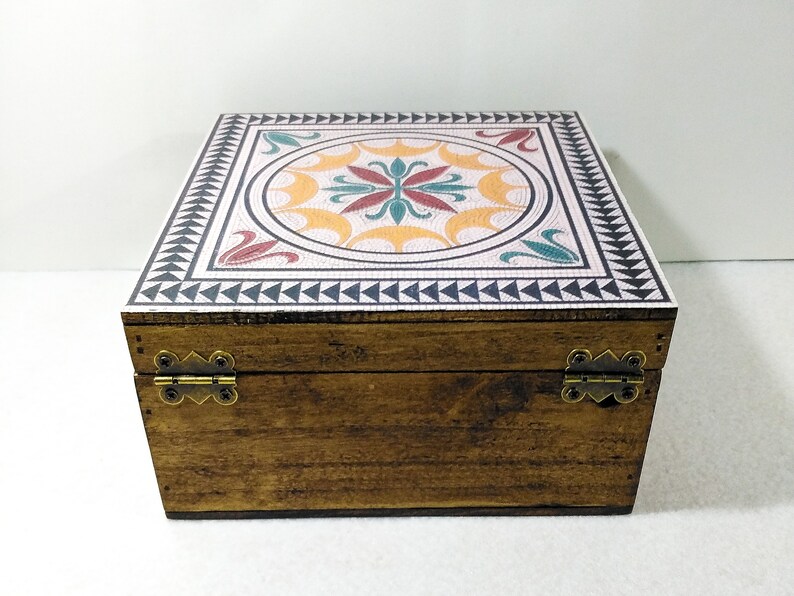 Locked Aged Wooden Chest Wooden Box Decorated Ancient Pompeyan Mosaic Trunk Chest Wooden Box Rustic Jeweler.