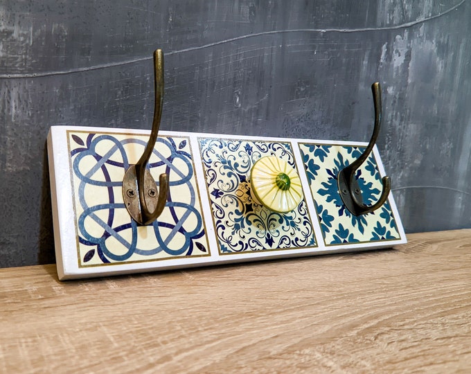 Wall Mounted Coat Rack, Wall Hanger With Spanish Tiles Decoupage, Boho ...