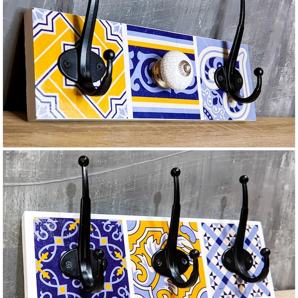 Set of Two combinable coat rack wall mounted, Free shipping on the second item, Wall hangers with Spanish tiles Decoupage, Bohemian Style.