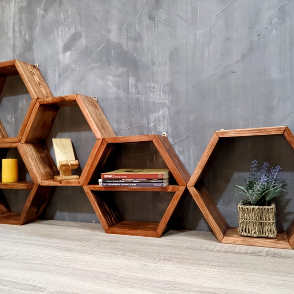 Ensemble de 5 étagères hexagonales / Cinq étagères en nid d’abeille / Étagère rustique / Décoration murale / Étagères géométriques / Étagère hexagonale flottante rustique de ferme